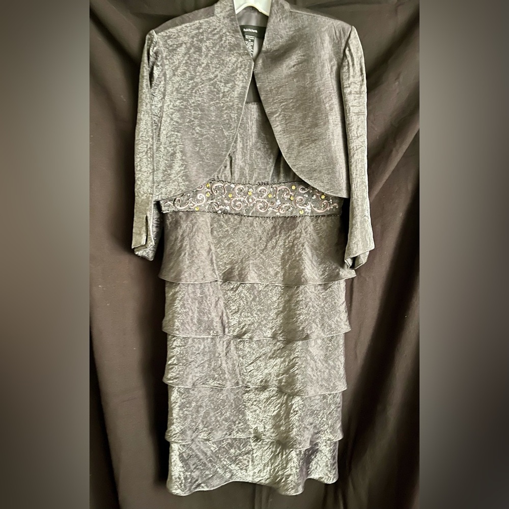 Gorgeous! David’s Bridal 2-piece metallic pewter color w/beading & ruffles dress